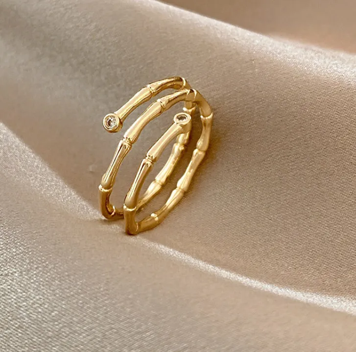 Authentic 14k Gold Plated Bamboo Pave CZ Promise Adjustable Chain Band Ring