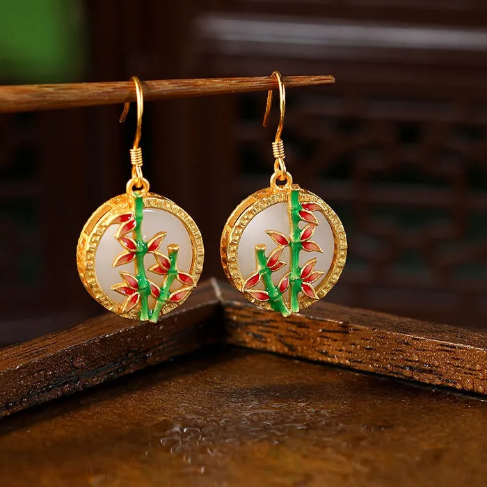 Authentic Celestial Bamboo Jade Earrings: 18K Gold Plated Talismans of Fortune