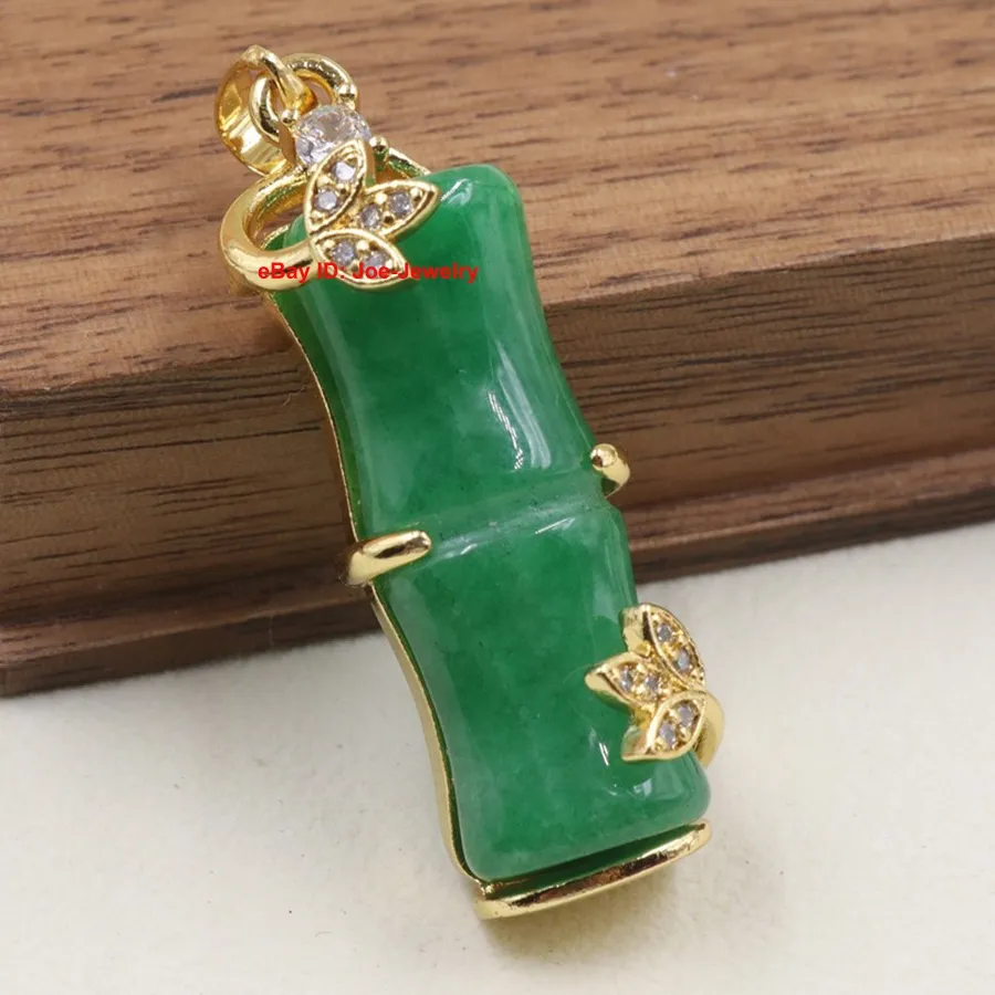 Authentic Gold Plated Heated Green Jade Bamboo Pendant Best 39mm H