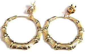 Authentic CLIP-ON EARRINGS GOLD BAMBOO 2 INCH HOOP EARRINGS GOLD PLATED RETRO HOOPS