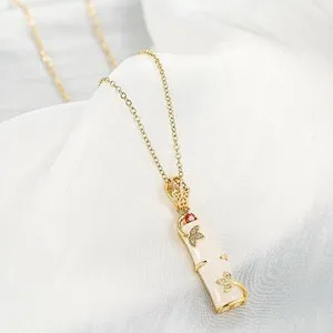 Authentic Vintage Gold Plated White Jade Lucky Bamboo Shaped Pendant Necklace