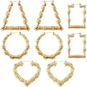 Authentic 4 Pairs Bamboo Earrings for Women, Large KC Gold Plated Bamboo Hoop Earrings ...