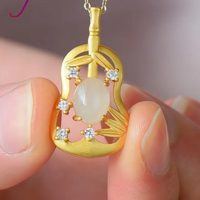 Authentic Natural Jade Bamboo Pendant Necklace Real Jewelry 18K Gold Plated Designer