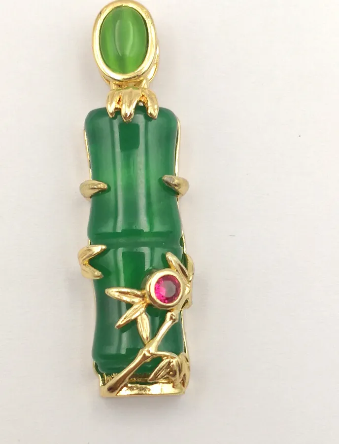 Authentic Real Green Chalcedony Agate Jade Bamboo Joint 18KGP Cat's eye Pendant Necklace