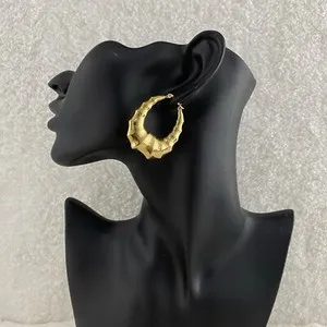 Authentic Large Hoop Earrings Bamboo 18K Yellow Gold Plated Stainless Steel Jewelry