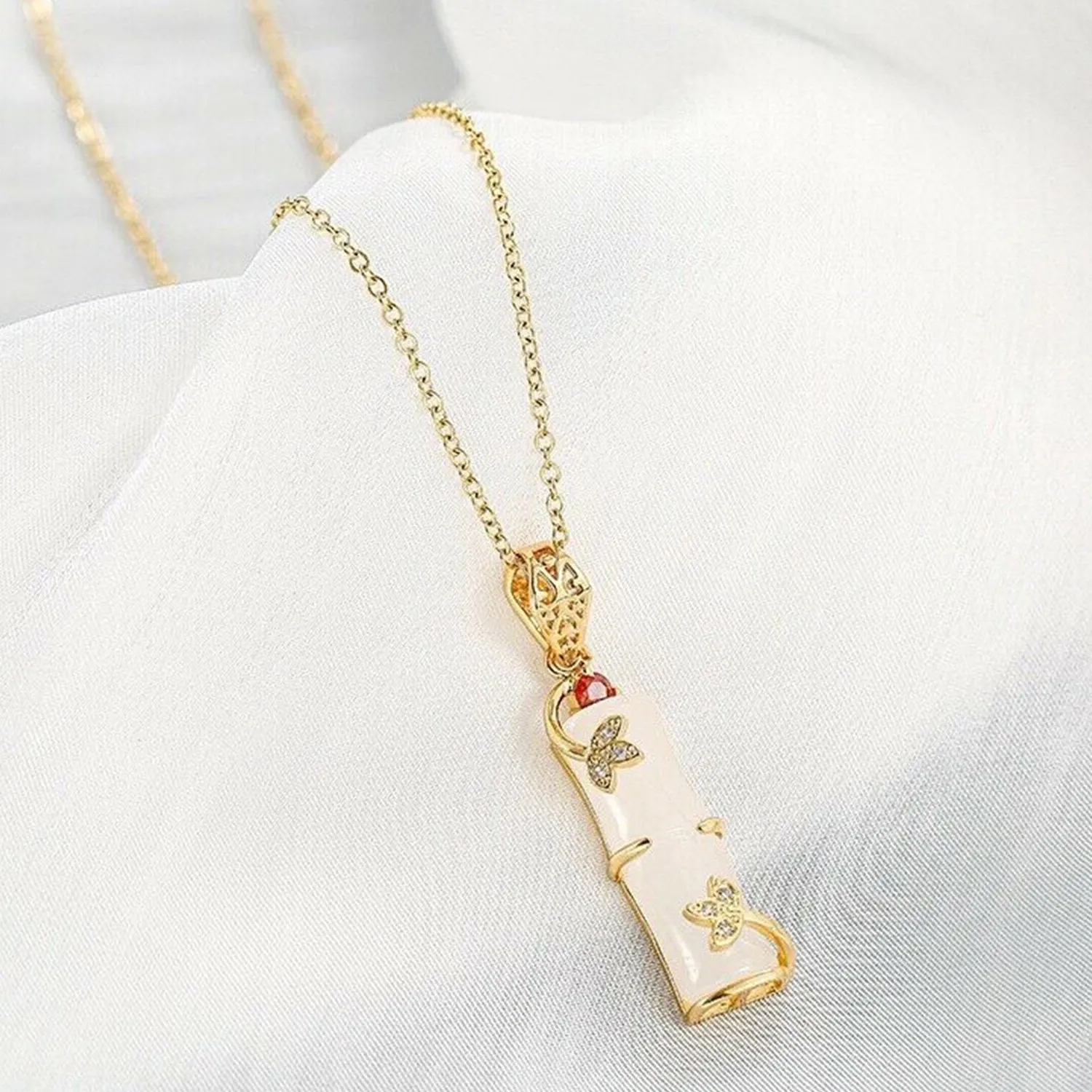 Authentic Vintage Gold Plated White Jade Lucky Bamboo Shaped Pendant Necklace