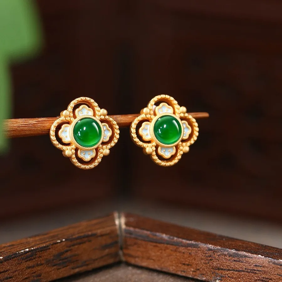 Authentic Verdant Fortune Four-Leaf Clover Jade Studs - 18K Gold Plated Bamboo Talisman
