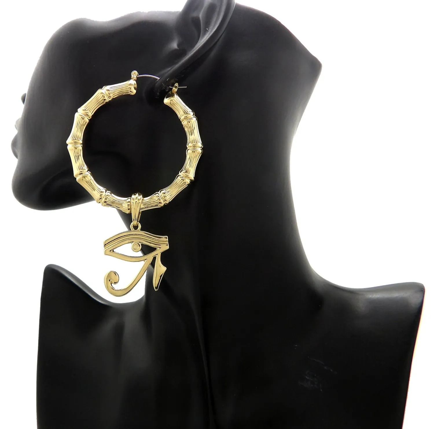 Authentic New Eye of Heru Dangling Pincatch Bamboo Earrings Gold Plated