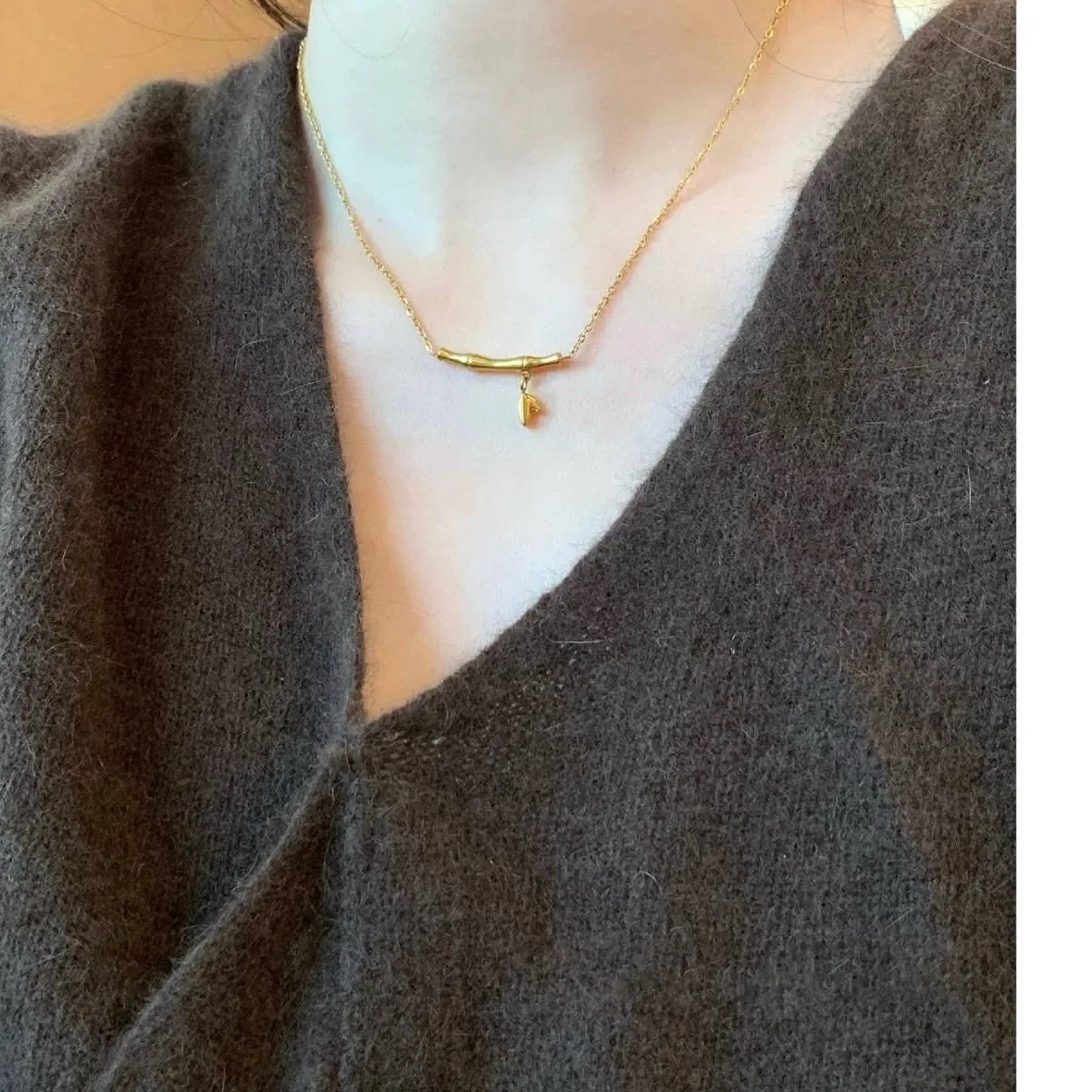 Authentic 18K Gold-Plated Stainless Steel Bamboo Bar Necklace with Leaf Charm (17.7 inch)