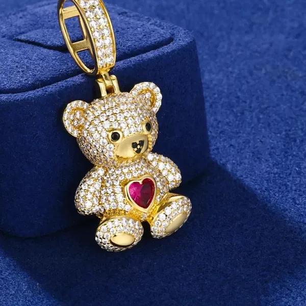 Authentic 2Ct Round Cut Moissanite Sweetheart Teddy Bear Pendant 14k Yellow Gold Plated