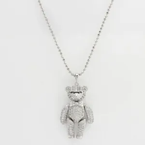 Authentic Clear Cubic Zirconia Teddy Bear Pendant 16" Necklace 14K White Gold Plated