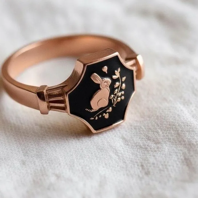 Authentic Gold Plated Bunny Rabbit Ring Vintage Black Enamel Shield Signet New