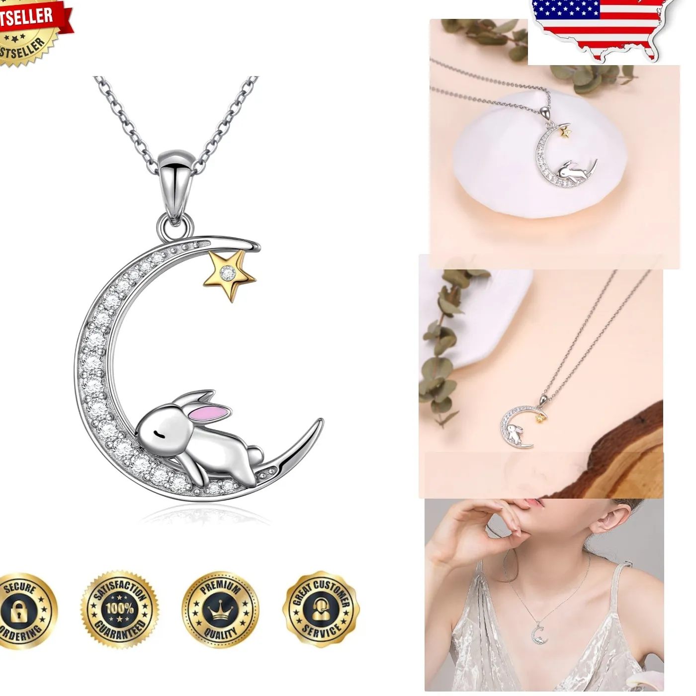 Authentic Cute Sterling Silver Rabbit Moon Necklace, 18" Gold Plated, Women's Jewelry