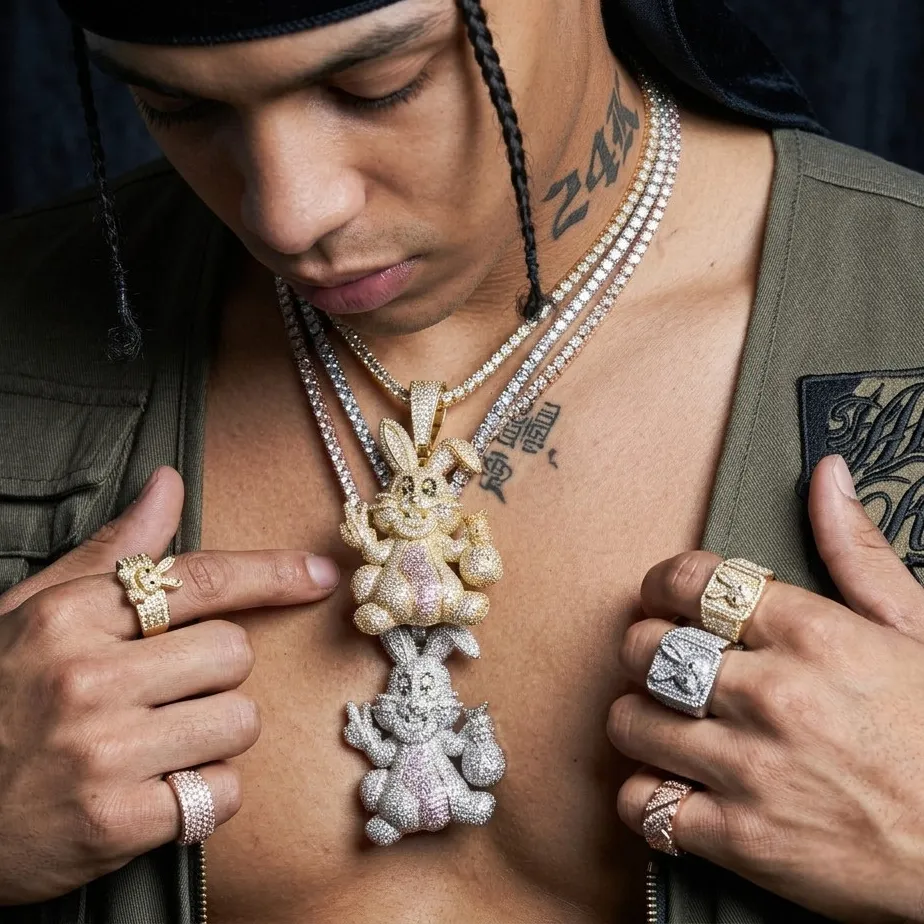 Authentic 5AAA+ CZ Hip Hop Iced Out Bling Rabbit Pendant Chain 14k Real Gold Plated