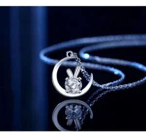 Authentic 0.50 Ct Real Moissanite Rabbit Women's Necklace 14k White Gold Plated