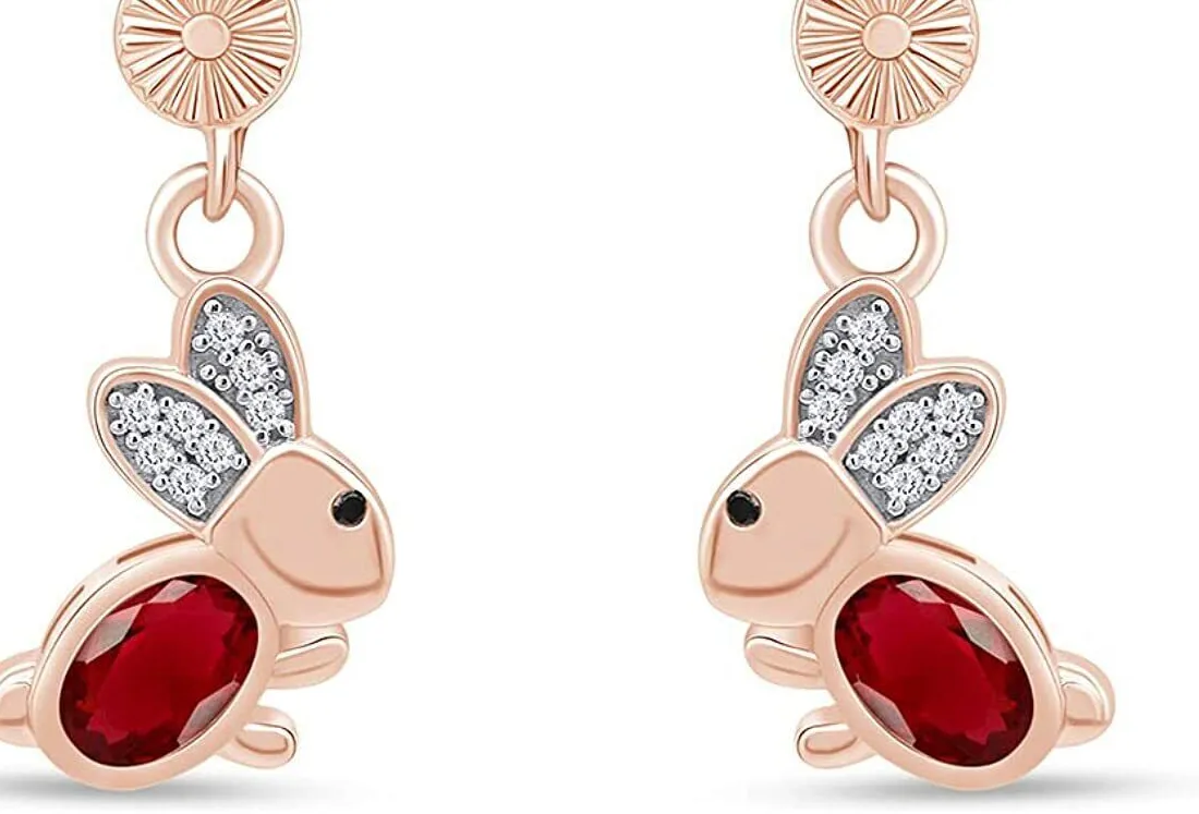 Authentic Simulated Ruby Animal Rabbit Easter Bunny Drop Earrings For Her 14k Gold Plated