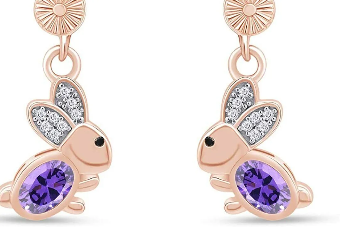 Authentic Simulated Amethyst Animal Rabbit Easter Bunny Drop Earrings 14k Gold Plated