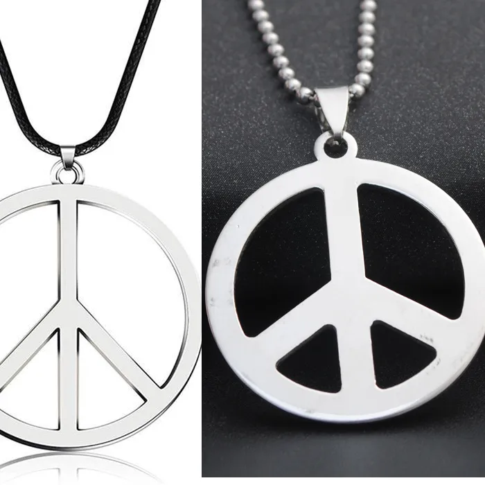 Authentic 1 or 2 Pack Hippie Style Love Peace Sign Pendant Necklace 1960s 1970s Hippie Party Accessories W/ Leather or Steel Chain