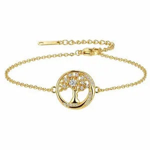 Authentic Women's Classical CZ Tree of Life Hollow Bracelet 14K Gold Plated Thin Chain