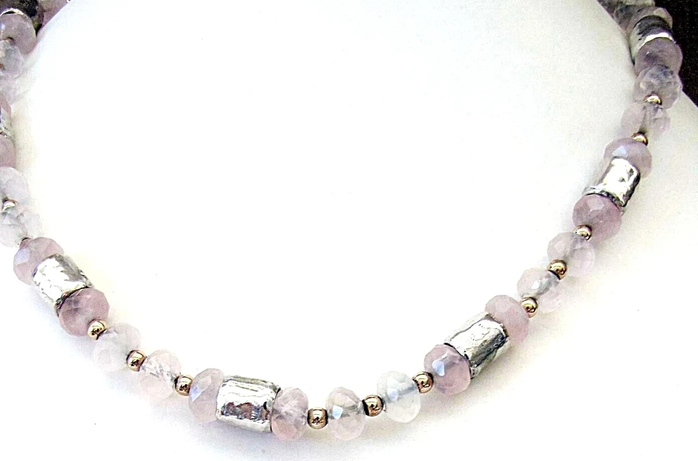 Authentic Celestial Rose Quartz Pendant: Silver Links & Auric Gold Beads