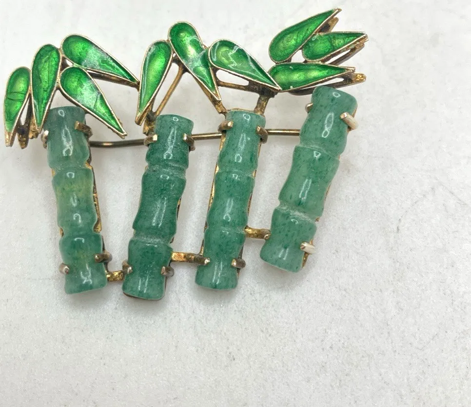 Authentic The Verdant Grove: Vintage Gold-Plated Jade and Enamel Bamboo Brooch