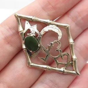 Authentic WELLS 925 Sterling Silver Gold Plated Vintage Real Jade Heart Bamboo Pin Brooch
