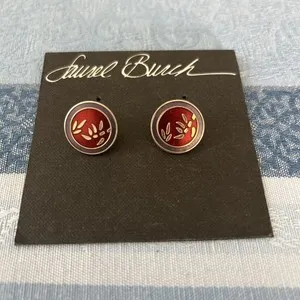 Authentic Laurel Burch Bamboo Red Post Earrings, Cloisonné Gold Plated, 1980s Vintage
