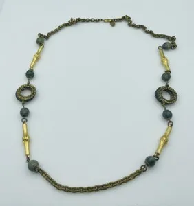 Authentic Miriam Haskell Vintage Gold Plated Green Jade Bamboo Chain Necklace