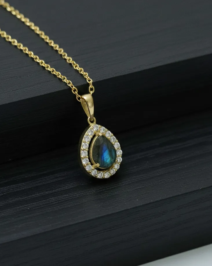 Authentic Labradorite Pear Drop Pure Brass  Pendant Necklace Gold Plated Gemstone Necklace