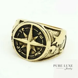 Authentic Men's Stainless Steel Black,Compass Ring, 8.9 10,11,12,13 Gold plated BOX
