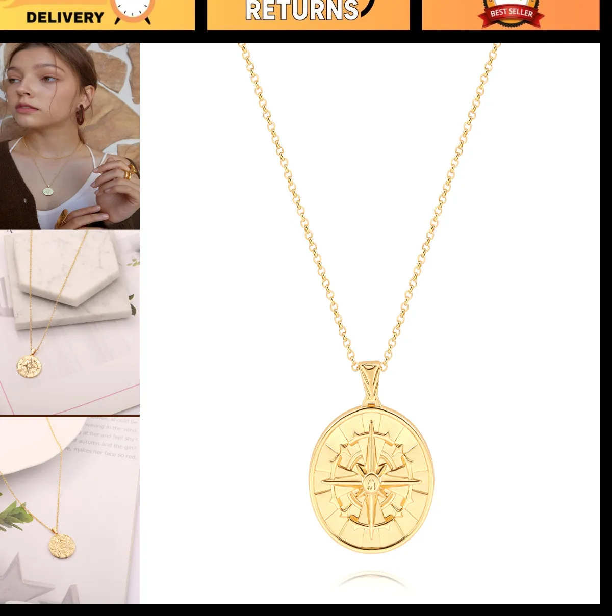 Authentic Dainty 18K Gold Plated Coin Pendant Necklace for Women - Layered Compass Sunflow