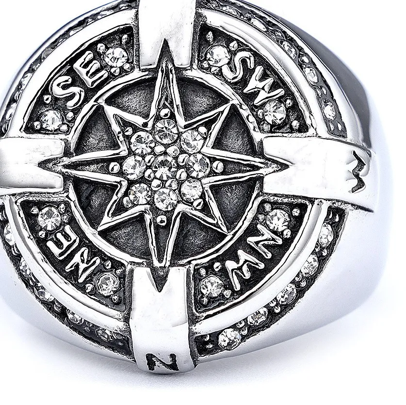 Authentic MEN Ring rhinestone Sea God Octagram Compass Ring gold plated