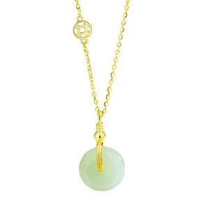 Authentic Natural Jade Lariat Good Luck Amulet Pendant Necklace 14K Gold Plated