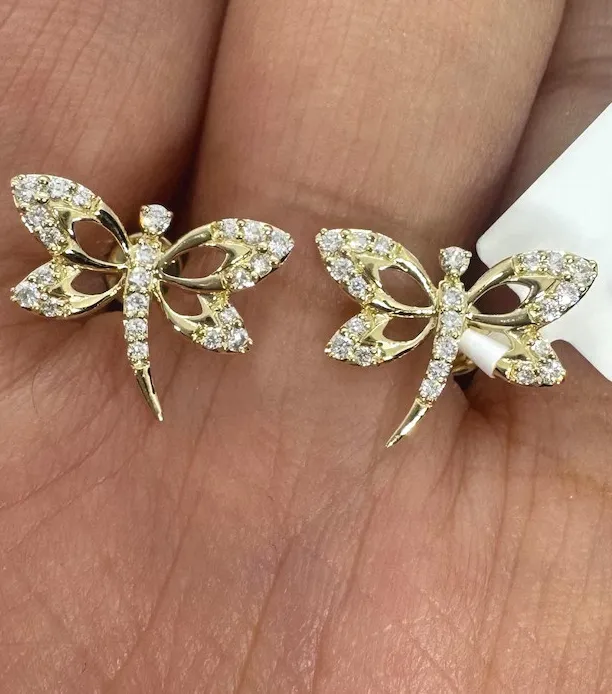 Authentic 0.27Ct Round Cut Real Moissanite Dragonfly Stud Earrings 14K Yellow Gold Plated