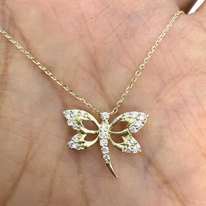 Authentic 2Ct Round Cut Real Moissanite Dragonfly Pendant 14K Yellow Gold Plated 18' chain