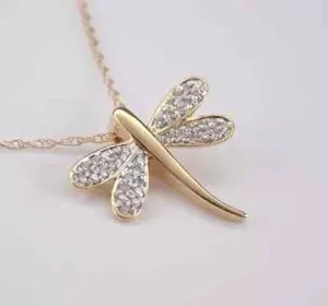 Authentic 14K Yellow Gold Plated 0.80Ct Round Cut Moissanite Dragonfly Pendant 18" Chain