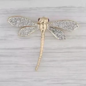 Authentic 1.50Ct Round Cut Real Moissanite Dragonfly brooches pins 14k Yellow gold plated