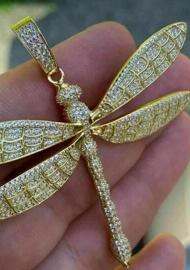 Authentic 2.20Ct Round Cut Real Moissanite Dragonfly Pendant 14K Yellow Gold Plated