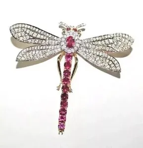 Authentic 3 Ct Round Cut Real Moissanite Dragonfly Charm Brooch Pin 14K Yellow Gold Plated
