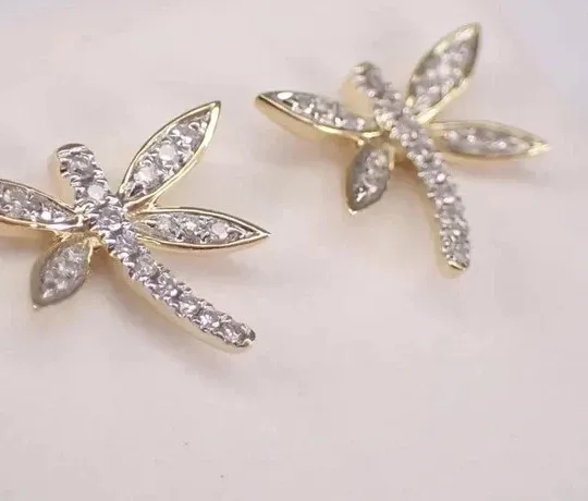 Authentic Moissanite 0.50 Ct Round Cut Dragonfly Stud Earrings 14K Yellow Gold Plated