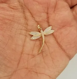 Authentic 1CT Round Cut Real Moissanite Dragonfly Pendant 14k Yellow Gold Plated 925Silver