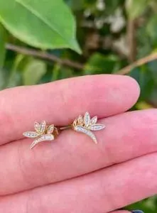 Authentic 1Ct Round Cut Real Moissanite Dragonfly Stud Earrings 14K Yellow Gold Plated