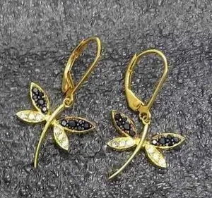 Authentic Dragonfly Drop Dangle Earring Round Cut Real Moissanite 14k Yellow Gold Plated