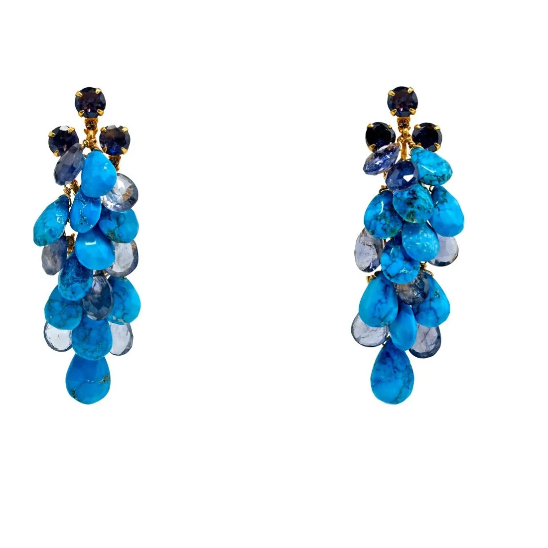 Authentic Water Sapphire and Turquoise Cascade Drop Gold Plated Clip on Earrings