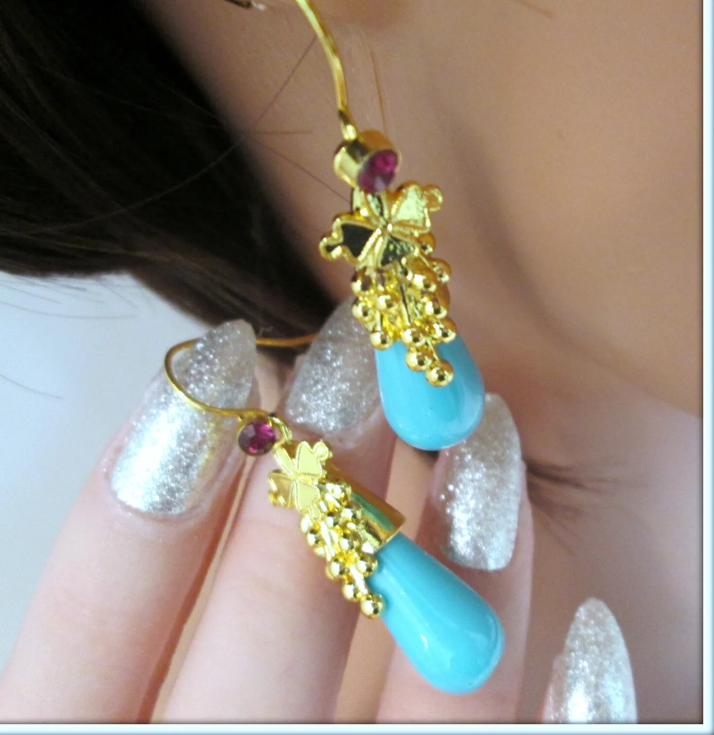Authentic Charm Trendy Turquoise zircon 14k Gold Plated Drop Earrings for Women