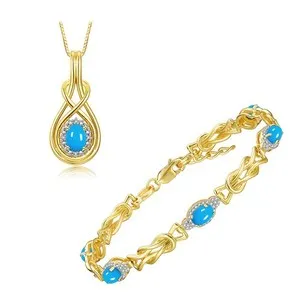 Authentic Rylos  Gold Plated Silver Turquoise & Diamond Love Knot Bracelet & Pendant Set