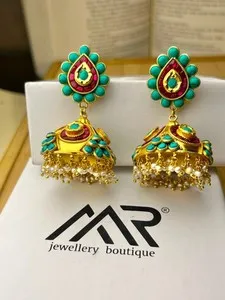 Authentic 925 Silver Turquoise Ruby Kundan Jhumka Earrings Gold Plated Pearl for women