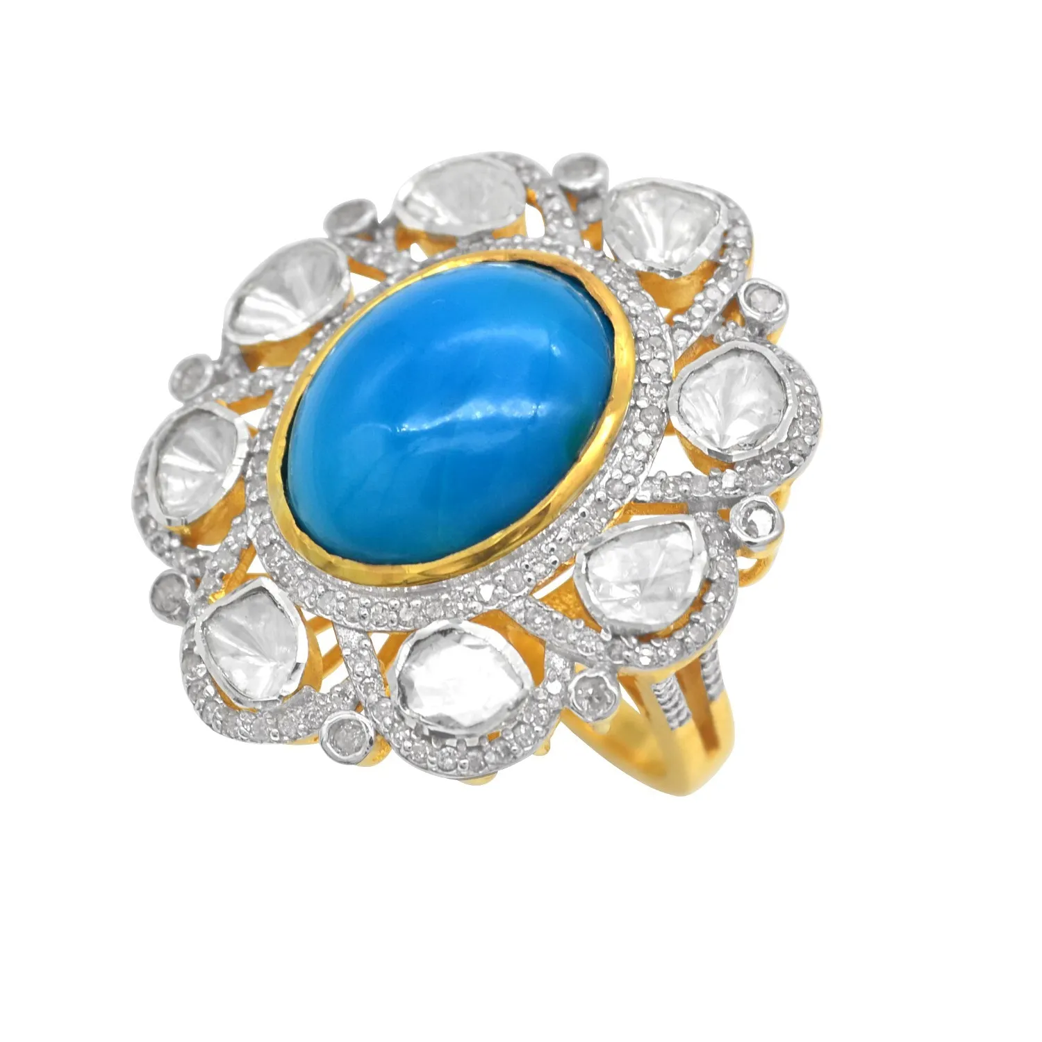 Authentic The Celestial Harmony Gold-Plated Polki Diamond and Turquoise Talisman Ring
