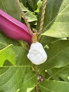 Authentic Jade Buddha Charm Pendant Necklace 10kt Yellow Gold bail. gold plated rope chain