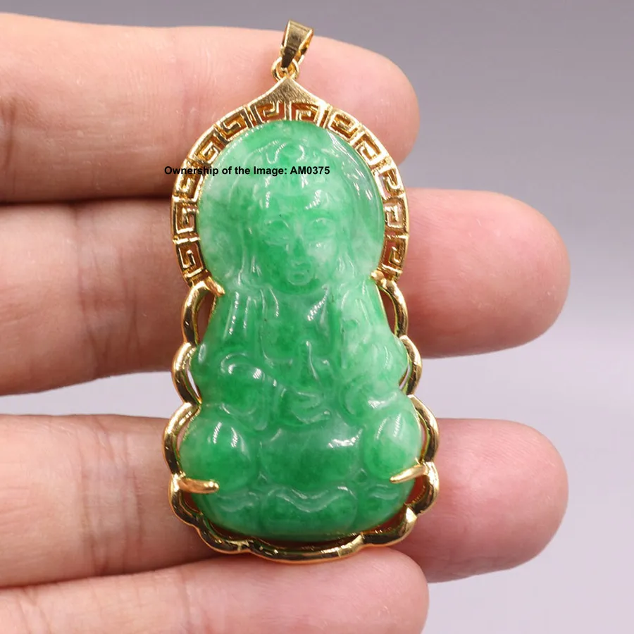 Authentic Handmade Green Jade Pendant Gold Plated GP Pendant Kwan-yin 54mm H